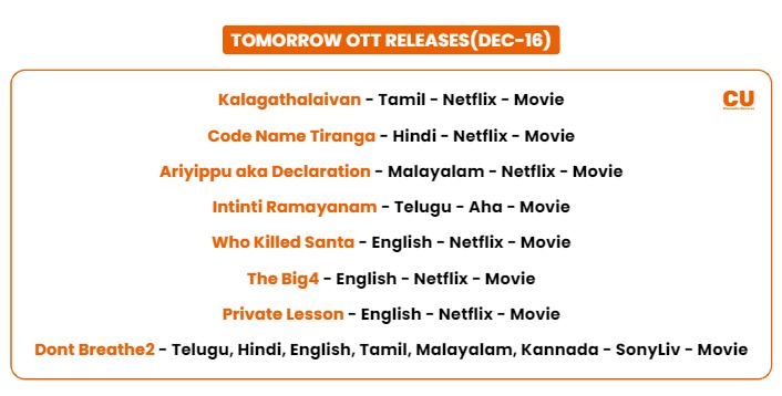 #CUOTT: Tomorrow #Ott Releases

#kalagathalaivan #DontBreathe2 #CodeNameTiranga #IntintiRamayanam