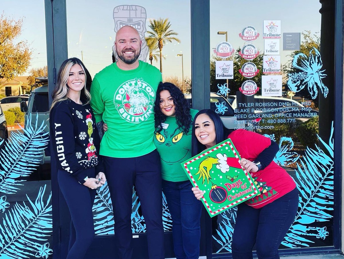 RobisonOrtho's tweet photo. It’s Ugly Sweater Day at Robison Orthodontics with Dr. Tyler Robison! 11 Days till Christmas 🎄 https://t.co/amxEH3lAop