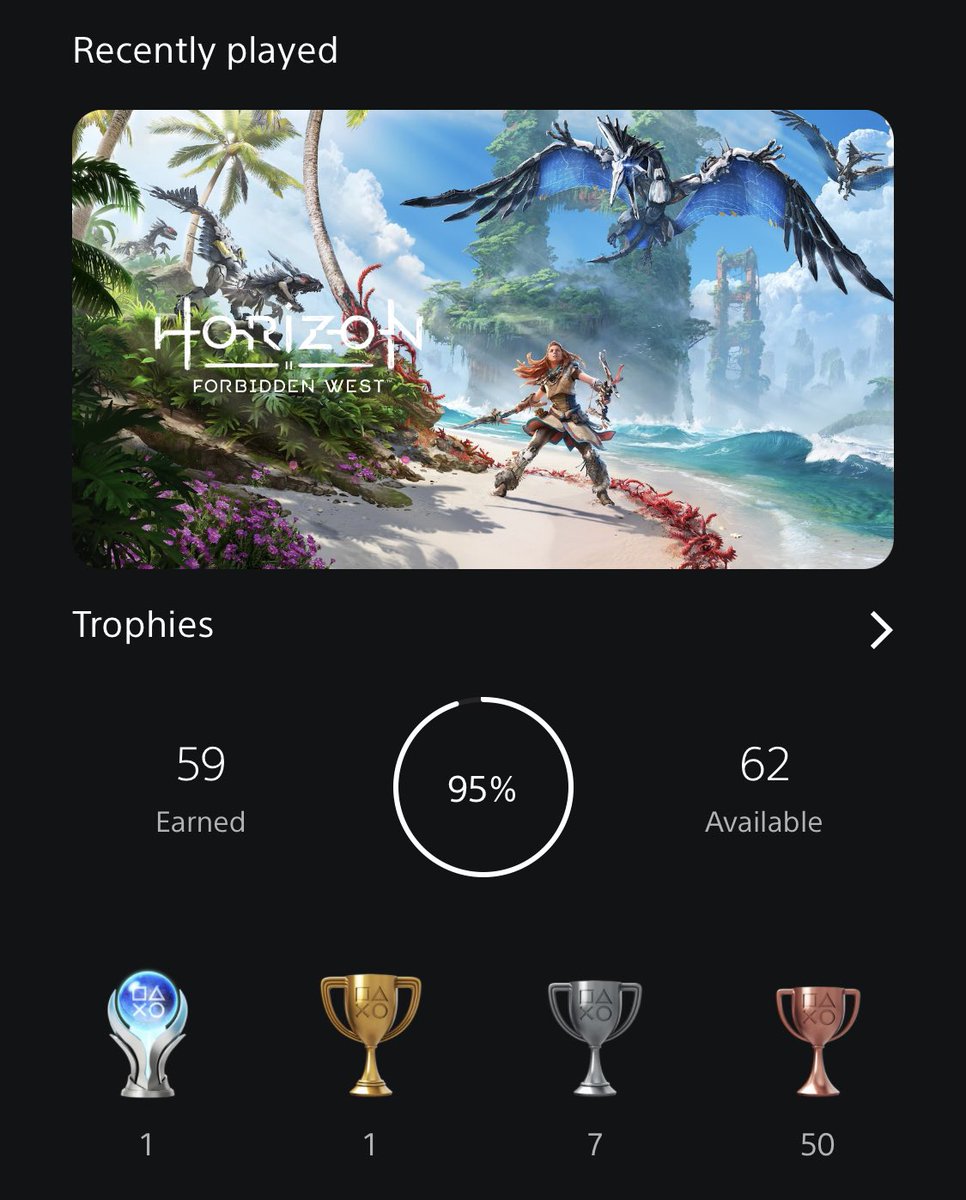 Codyacks's tweet photo. Papa’s first platinum #HorizonForbiddenWest #PS5 https://t.co/hj8egHZ76D