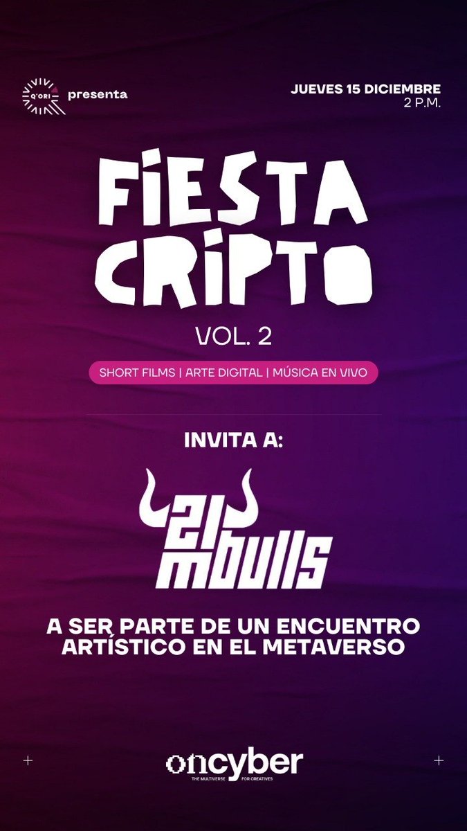 21MBulls's tweet photo. ¡Y TOTALMENTE GRATIS! 🎉
Nos vemos en #FiestaCripto compartiendo arte, música y cortometrajes junto a las mejores comunidades web3. Te esperamos en el metaverso este JUEVES 15 a las 2 p.m. ⚡️ https://t.co/7Jc46FGnMk