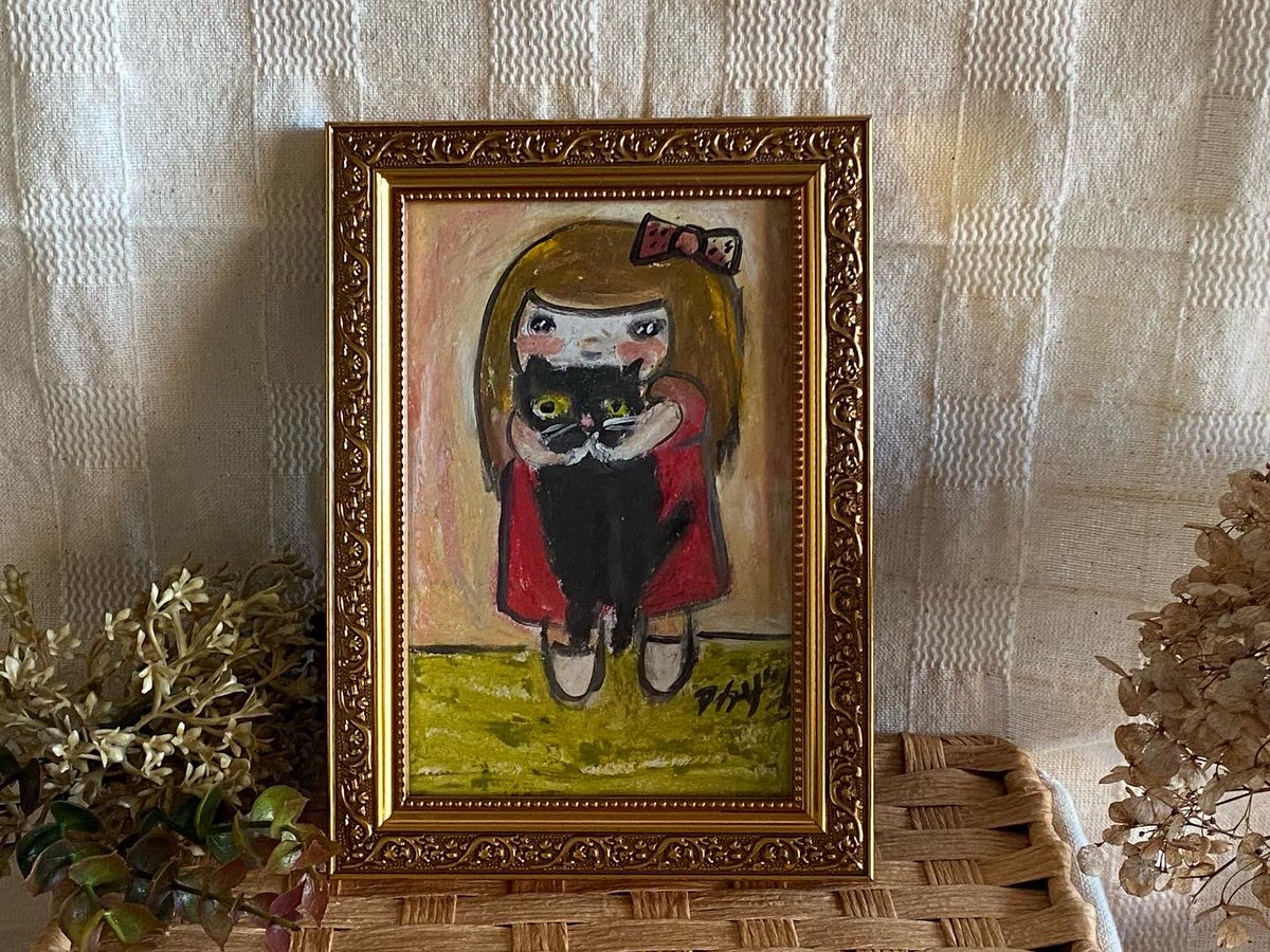 絵画。原画手描き【雪が降る冬、かわいい犬と猫の楽しい写真記念