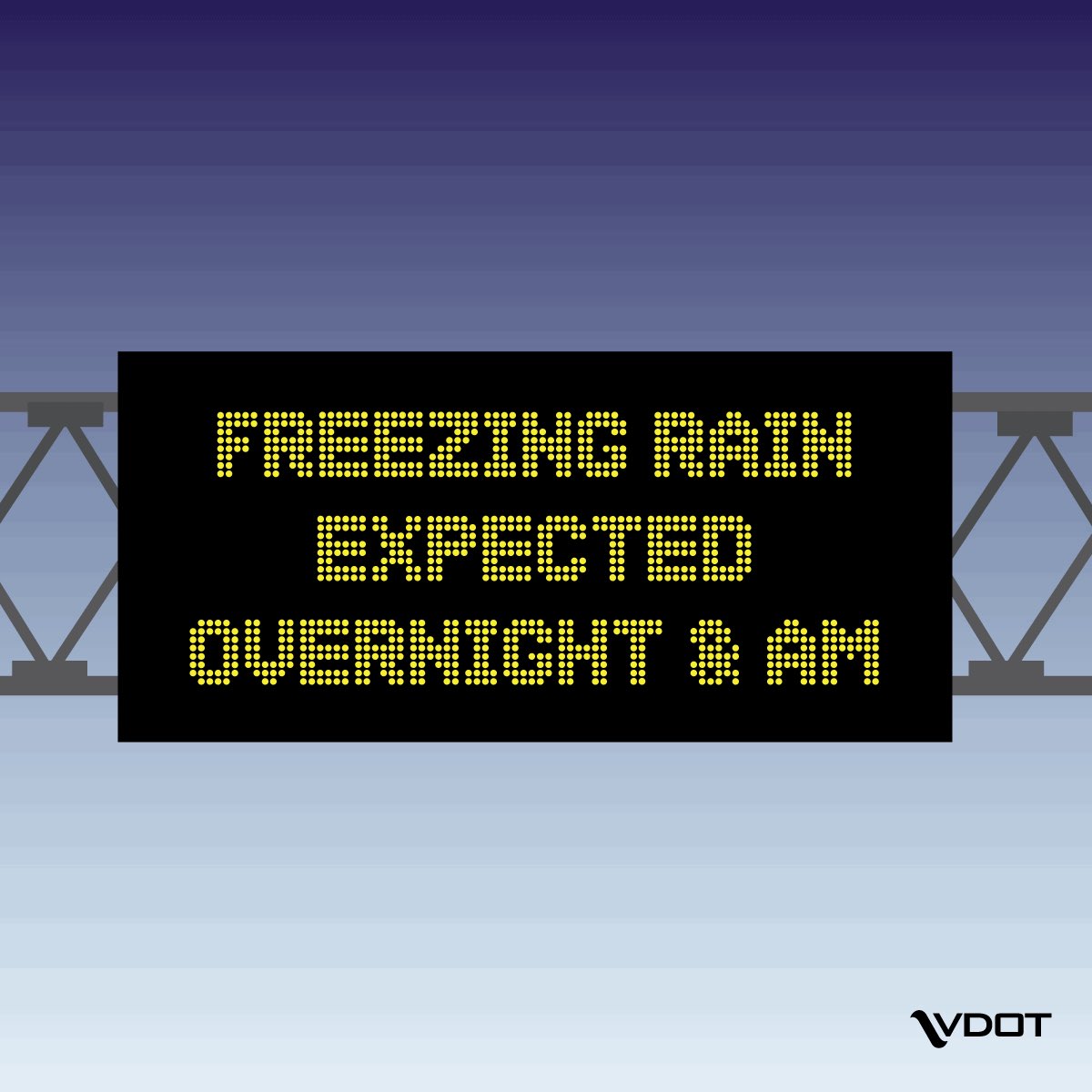 VaDOT's tweet photo. Freezing rain &amp; #ice will create treacherous conditions in parts of Virginia tonight through Thursday. Motorists should avoid travel in the impacted areas and pay attention to local forecasts. #IceIsNotNice https://t.co/F4L7pek6EL