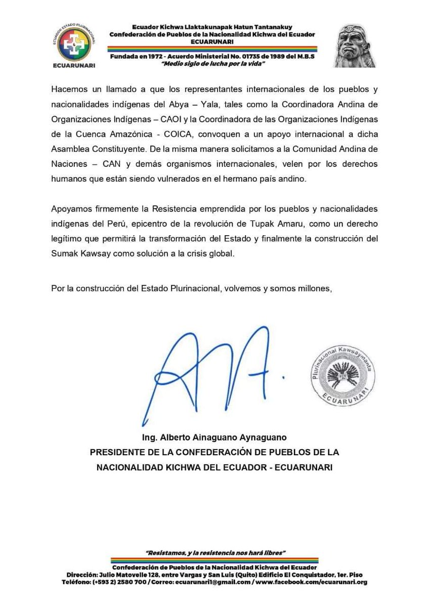 Confederación de Pueblos de la Nacionalidad Kichwa del Ecuador – Ecuarunari, frente a la grave situación que atraviesa el Perú, por el golpe de Estado por la derecha Peruana en complicidad con los medios de comunicación, FFAA y grupos financieros transnacionales.