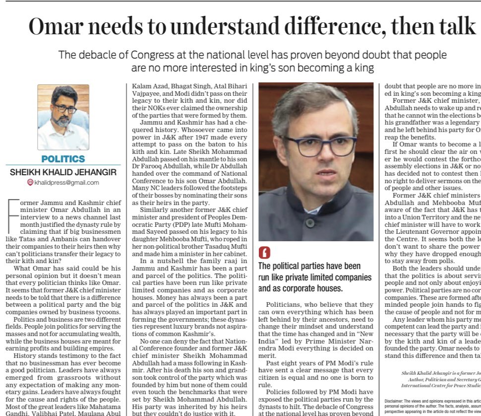 sheikhkhalid's tweet photo. Former J&amp;K C M OmarAbdullah in an interview justified the dynasty rule by claiming that if big businessmen like Tatas &amp; Ambanis can handover their companies to their heirs then why can’t politicians transfer their legacy to their kith &amp; kin?

I write in  @GreaterKashmir 
1/N https://t.co/CNF84S6yTS