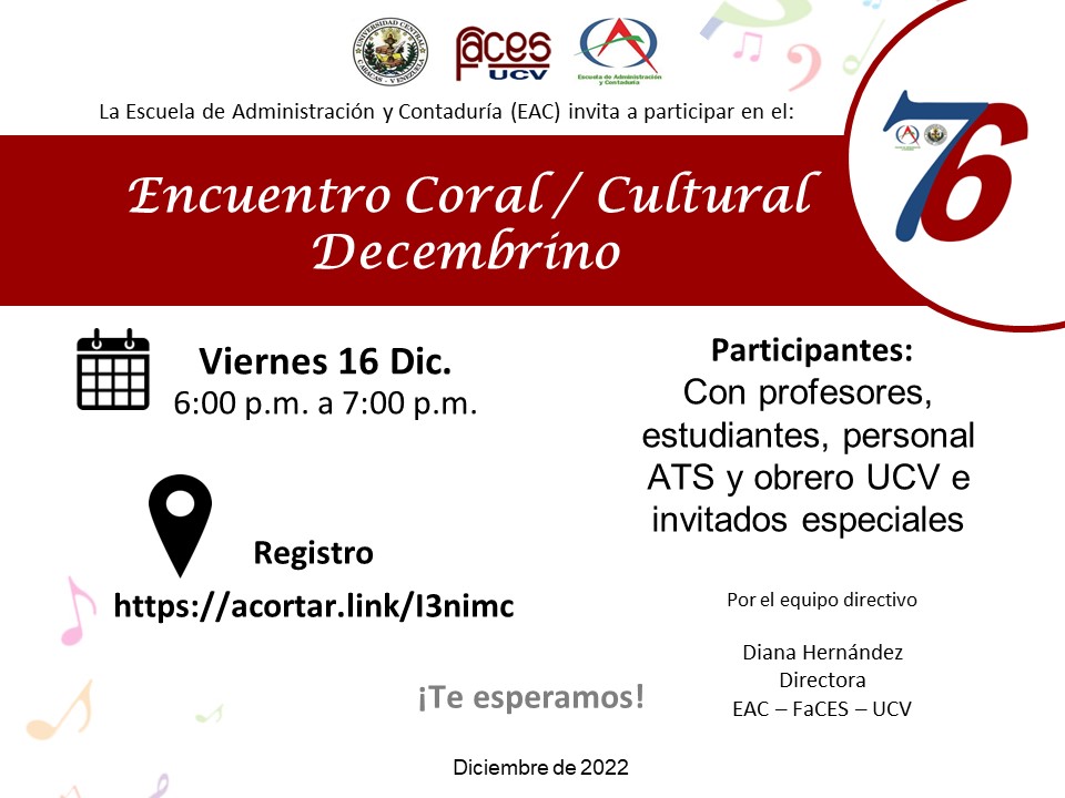 Están cordialmente invitados a nuestro Encuentro Coral - Cultural Decembrino.
🗓️ Viernes #16Dic
⏰ 6:00 p.m.
📱 Virtual 
👉 Registro: acortar.link/I3nimc