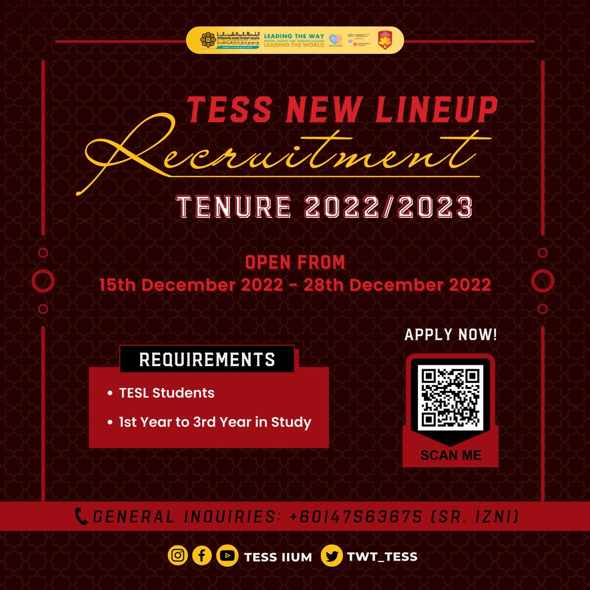 twt_tess's tweet photo. 📣 TESS L↑NEUP RECRUITMENT 22/23 📣

Assalamualaikum and howdy! 👋
It's the time of the year for new and fresh faces to become part of our TESL Students' Society for the 2022/2023 Tenureship

Fill-up your application here 👇
https://t.co/U9E7lErNCK

#CLOSING1CHAPTER https://t.co/nnZfBSP79P