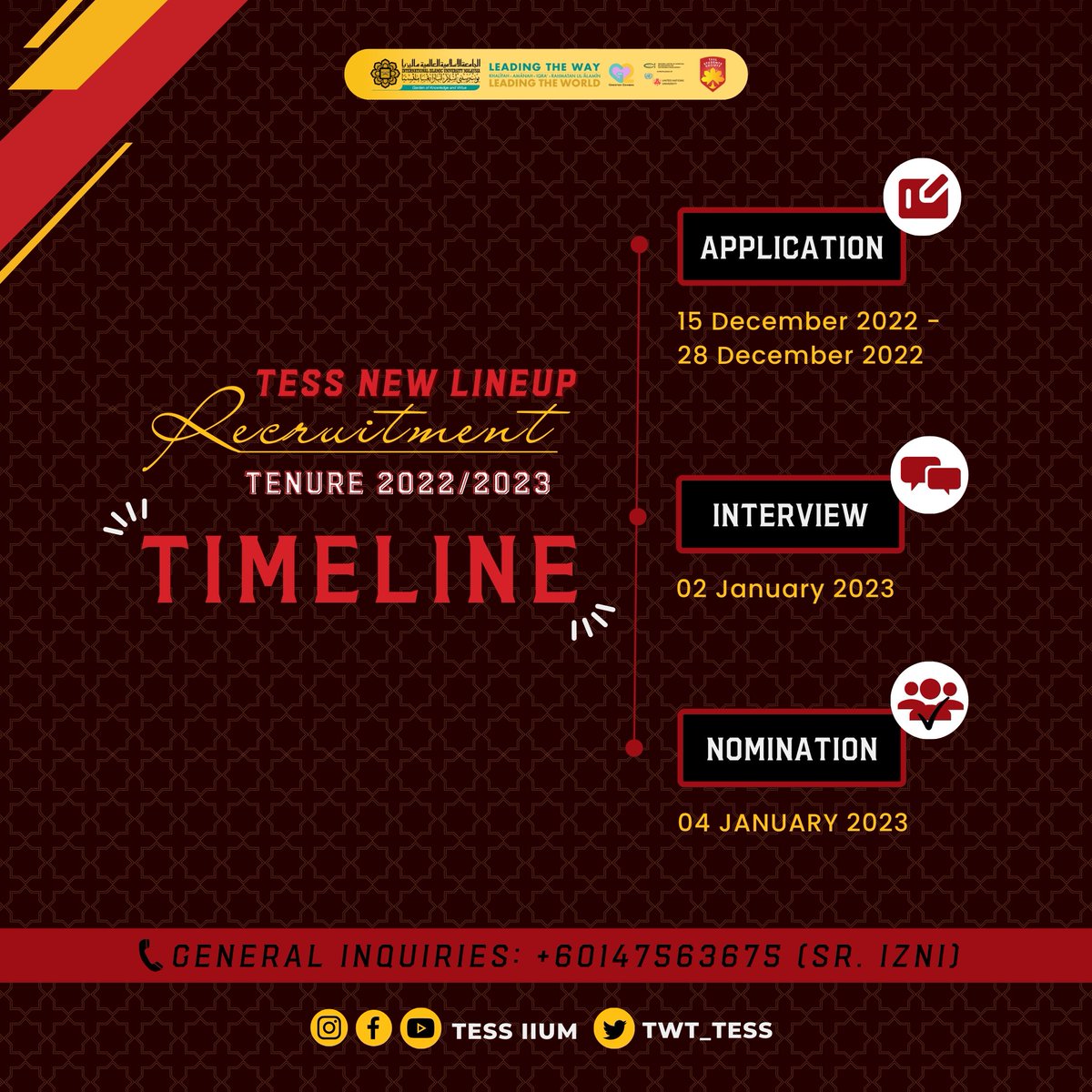 twt_tess's tweet photo. 📣 TESS L↑NEUP RECRUITMENT 22/23 📣

Assalamualaikum and howdy! 👋
It's the time of the year for new and fresh faces to become part of our TESL Students' Society for the 2022/2023 Tenureship

Fill-up your application here 👇
https://t.co/U9E7lErNCK

#CLOSING1CHAPTER https://t.co/nnZfBSP79P