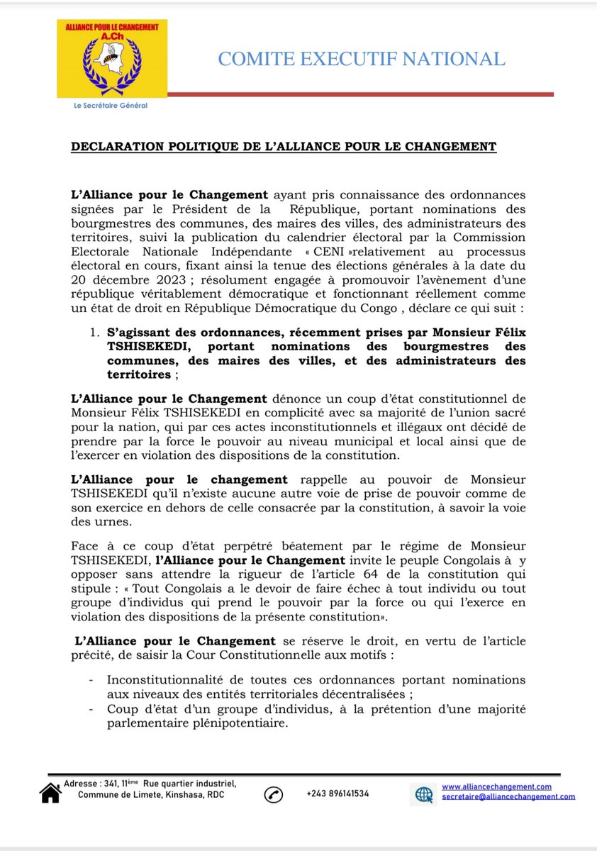 pour_changement's tweet photo. Le Comité Exécutif National du  parti, Alliance pour le Changement, https://t.co/UL9iPiqVnX s'insurge contre la nomination des responsables au niveau local.  
Ci-dessous : la déclaration du Comité Exécutif National https://t.co/gZfjiTTZvW