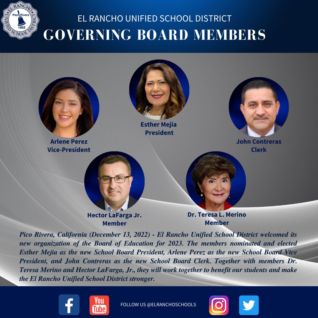 ✨CONGRATULATIONS...to our new School Board President, Esther Mejia, School Board Vice-President, Arlene Perez &amp; School Board Clerk, John Contreras for their new  appointments as voted by the members of the El Rancho USD School Board for 2023.✨ <a href="/MarcoAVillegas2/">Marco A. Villegas</a>
