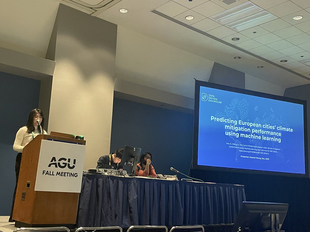 kburley_'s tweet photo. Great presentation today at #AGU22 from my @datadrivenlab colleague Xuewei Wang on her recent work with @ecoangelhsu using machine learning to predict the climate mitigation progress of European cities and help fill in the gaps where self-reported data is lacking https://t.co/xjBuSAOzI6