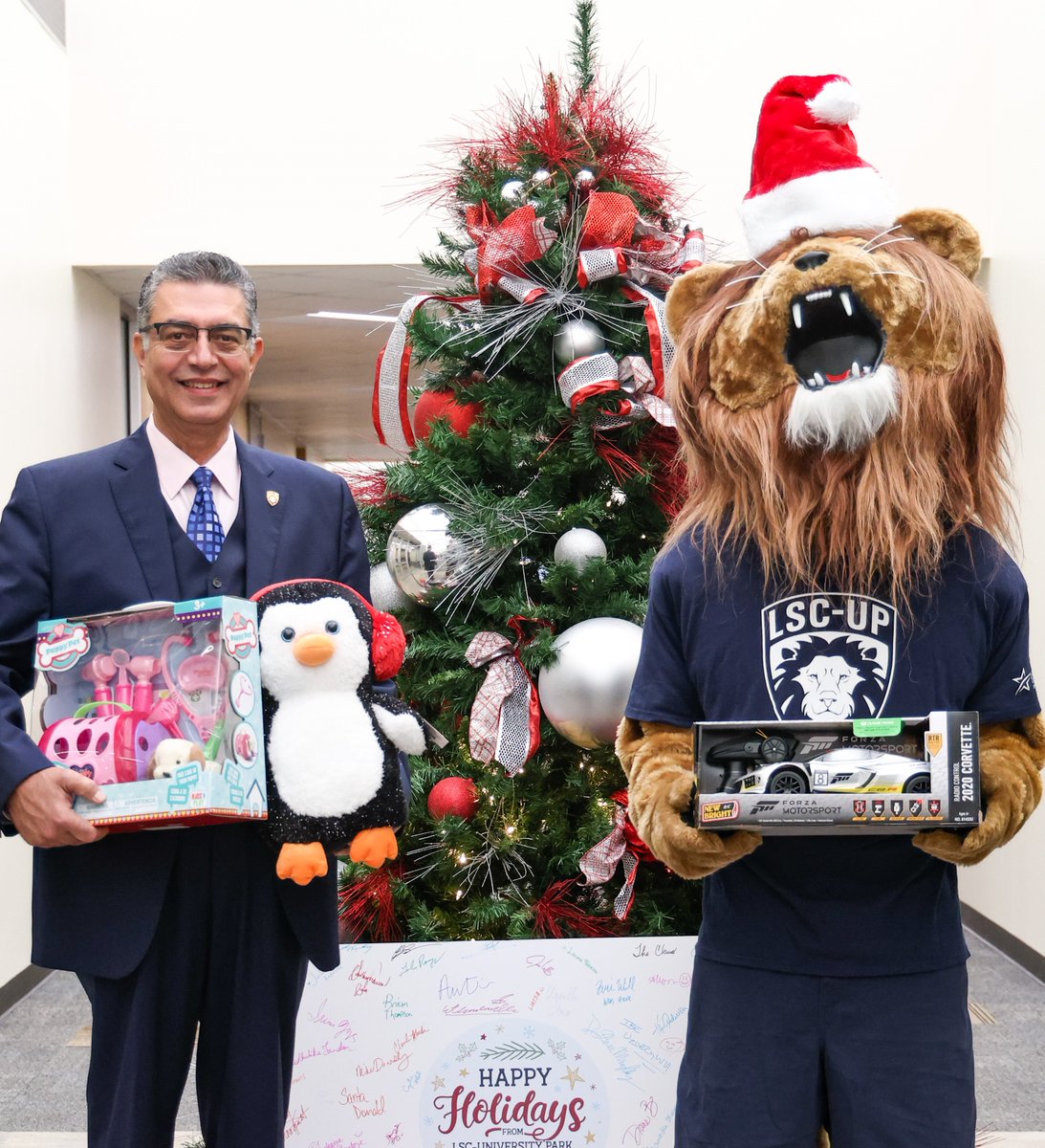 PrezShah's tweet photo. With the help of Santa, Leo, and the generosity of our 
@LSCUP faculty and staff, we were able to make a special delivery to Toys for Tots after our holiday party. #community #holidayspirit #giving https://t.co/IKWWLFtdGo
