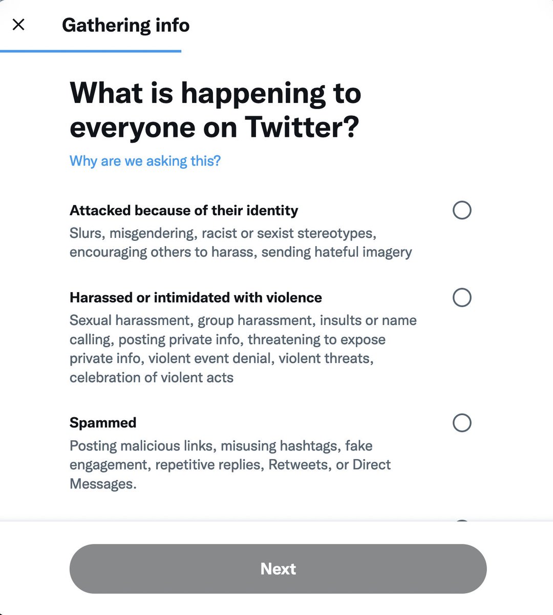Interesting: the first Twitter "report" screen still says "misleading info" but the next step no longer includes "misleading info."