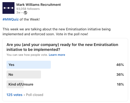 MarkWilliamsME's tweet photo. Over 50% of respondents on our recent survey said that they are not ready, or are unsure, for the new #Emiratisation initiative that is being implemented.

If you have questions about the initiative and if your company is compliant, please reach out to us to discuss further. https://t.co/zYVVrpSIzW