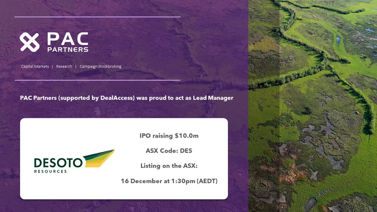 PAC Partners (@pac_partners) on Twitter photo DeSoto Resources $DES, #ASX-listing tomorrow, 16 December at 1:30pm AEDT.
<a href="/PAC_Partners/">PAC Partners</a> acted as Lead Manager to <a href="/DesotoResources/">DeSoto Resources</a>’s #IPO raising $10m. Net proceeds will be applied to #exploration of its Fenix & Fenton Projects.
#lithium #batterymetals #gold #resources #NT #mining DeSoto Resources $DES, #ASX-listing tomorrow, 16 December at 1:30pm AEDT.
<a href="/PAC_Partners/">PAC Partners</a> acted as Lead Manager to <a href="/DesotoResources/">DeSoto Resources</a>’s #IPO raising $10m. Net proceeds will be applied to #exploration of its Fenix & Fenton Projects.
#lithium #batterymetals #gold #resources #NT #mining