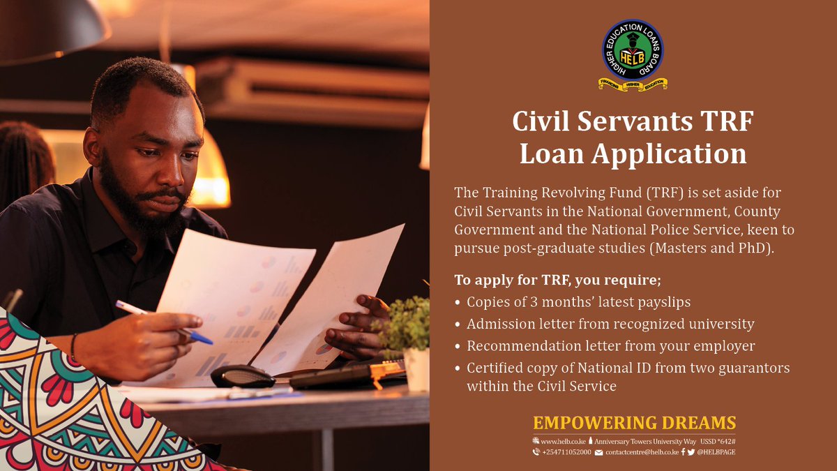 HELBpage's tweet photo. Good news to all Civil servants in the National Government, County Governments and National Police Service, you qualify for the civil servant TRF loan. Apply now for a chance to further and grow your skills and knowledge. https://t.co/yUeUgzRe32