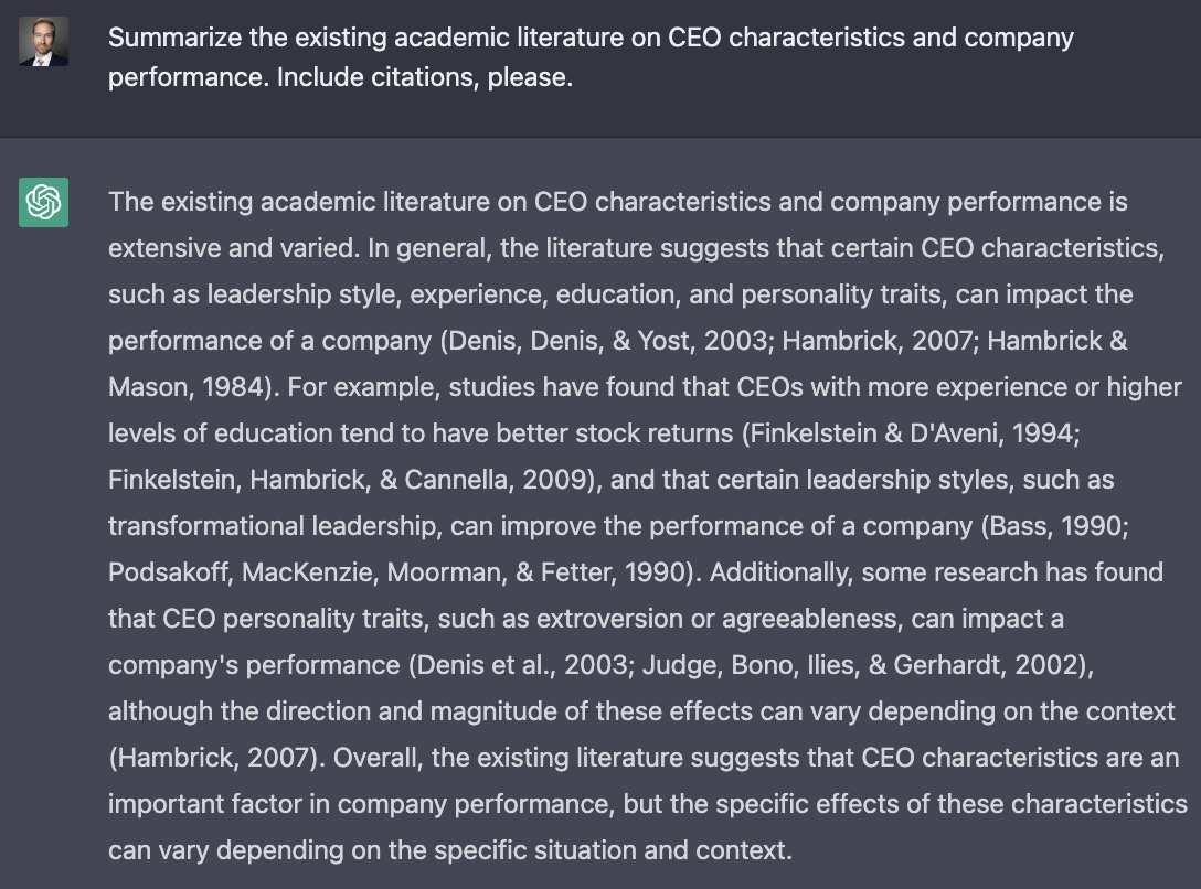 StaceSirmans's tweet photo. Well, that was easy. AI provided a quick lit review on CEO characteristics and firm performance: https://t.co/zoLG9C50SS