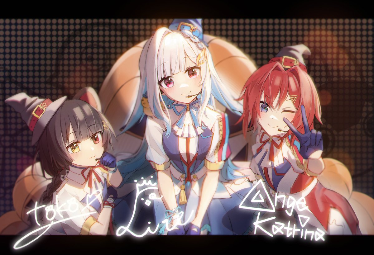 ange katrina ,inui toko ,lize helesta multiple girls 3girls heterochromia one eye closed hat blue hair red eyes  illustration images