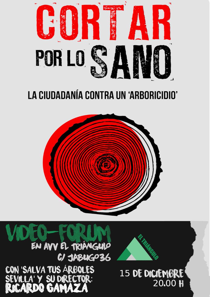 *Nuevo vídeo forum en la AAVV El Triángulo*
📆 jueves 15 diciembre
⏰ 20h

🎥 _Cortar por lo sano_ de Ricardo Gamaza y con la participación de Salva tus árboles y del propio director. 

La historia de un 'arboricidio' en una de las ciudades con más calor de Europa

¡Os esperamos!
