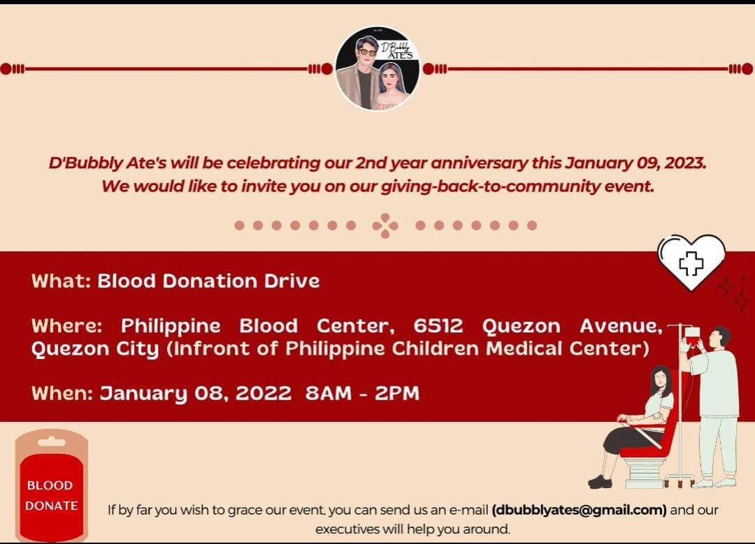 As Ate's celebrate their 2nd Year Anniversary this coming 9th day of January 2023, we are inviting you for our 1st Bloodletting Activity. 

Details for the said activity is can be seen below. 

Thank you, Bubblies! ✨

#DonBelle | #DONBELLEmpire