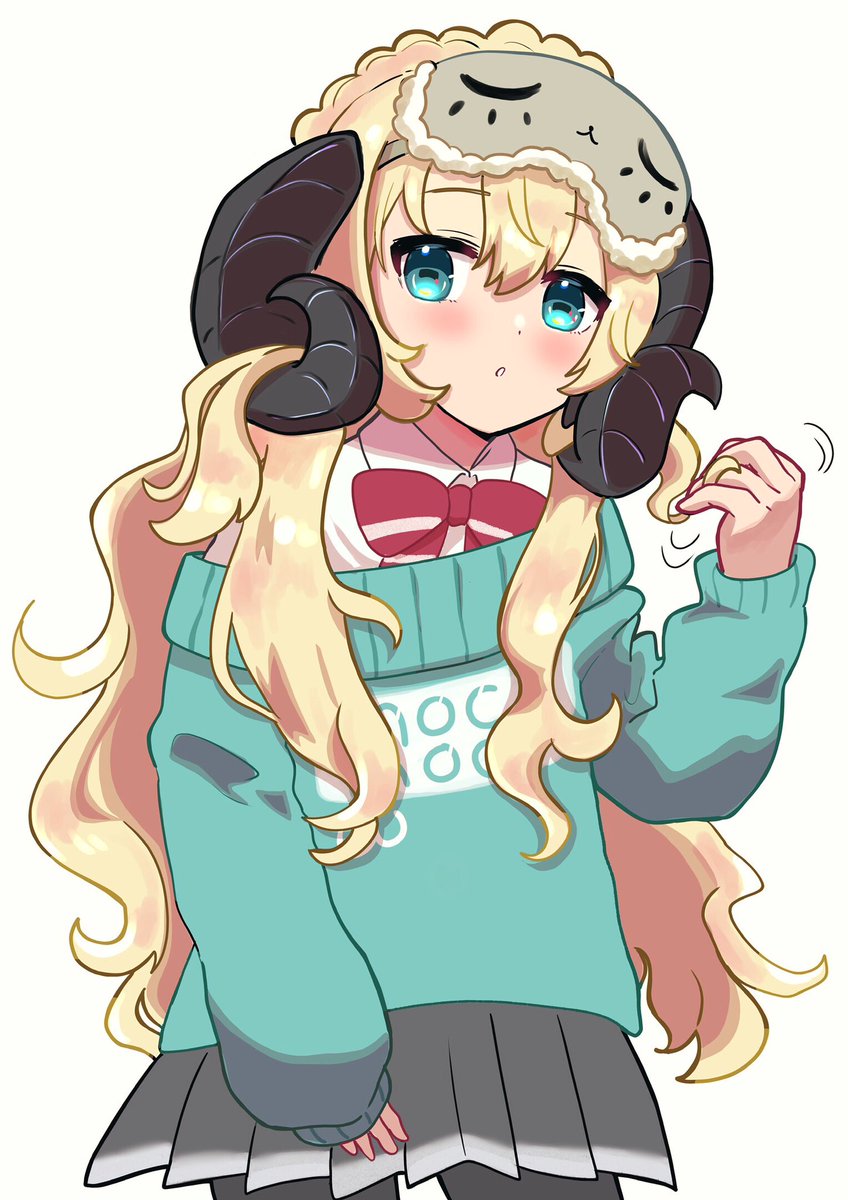 1girl solo blonde hair horns sleep mask long hair sweater  illustration images