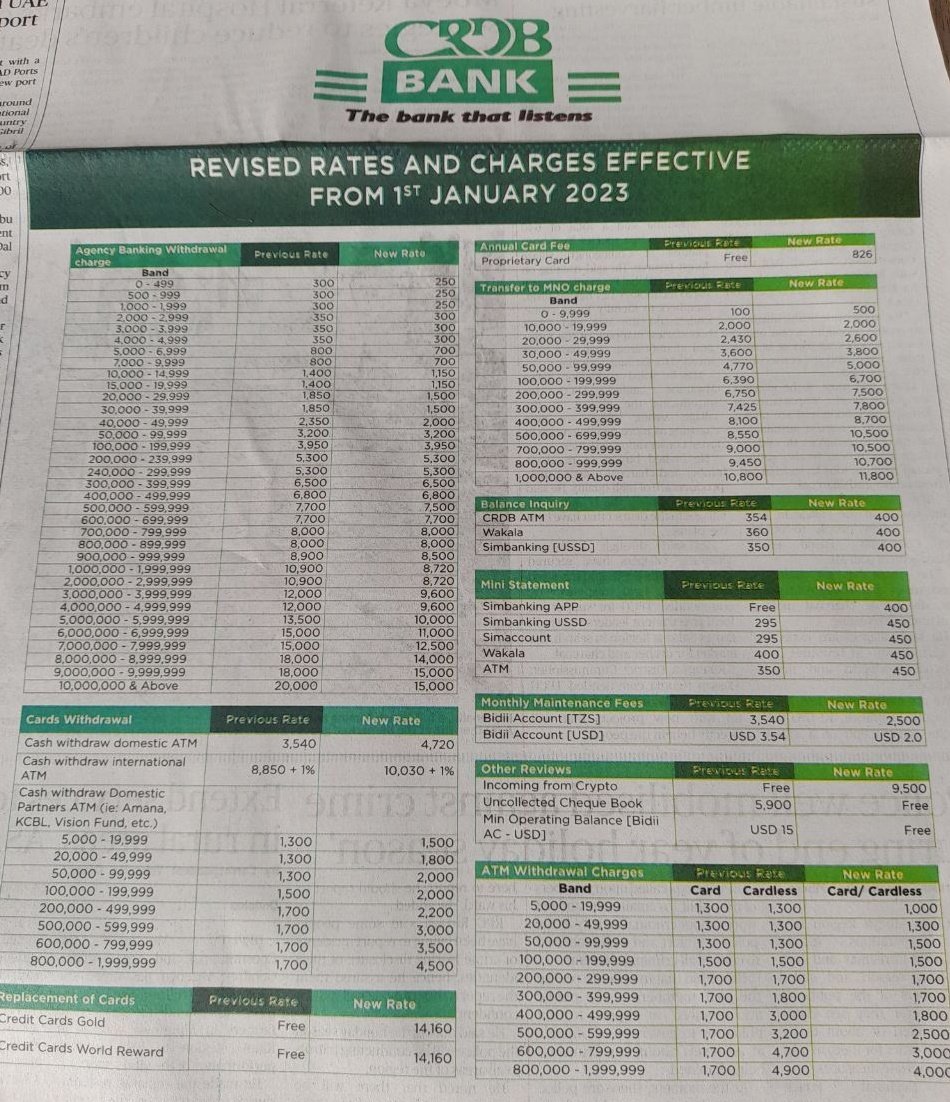 16Limbe's tweet image. #CRDB Bank wanaongeza tozo kwenye huduma zao, ila wakipunguza tozo kwenye huduma zitolewazo kupitia wakala.