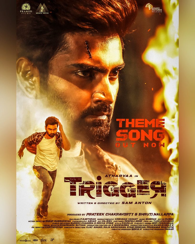 Tune into #TriggerTheme song 🕶🔥youtu.be/0WQIjVBxrX8 playing now! An @ANTONfilmmaker Directorial ✨ @Atharvaamurali @pramodfilmsnew @miraclemoviesin @DesiboboPrateek @ShrutiNallappa @mynameisraahul #RomeoPictures