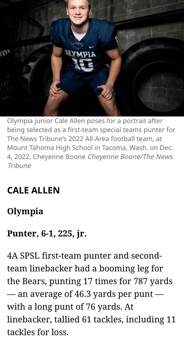 Honored to be named All-Area 1st team punter! <a href="/OlyBearFootball/">Olympia Football</a> <a href="/RylandSpencer/">Ryland Spencer™</a> <a href="/BrandonHuffman/">Brandon Huffman</a> <a href="/CascadiaPreps/">Cascadia Preps</a> <a href="/PrepRedzoneWA/">Prep Redzone Washington</a>