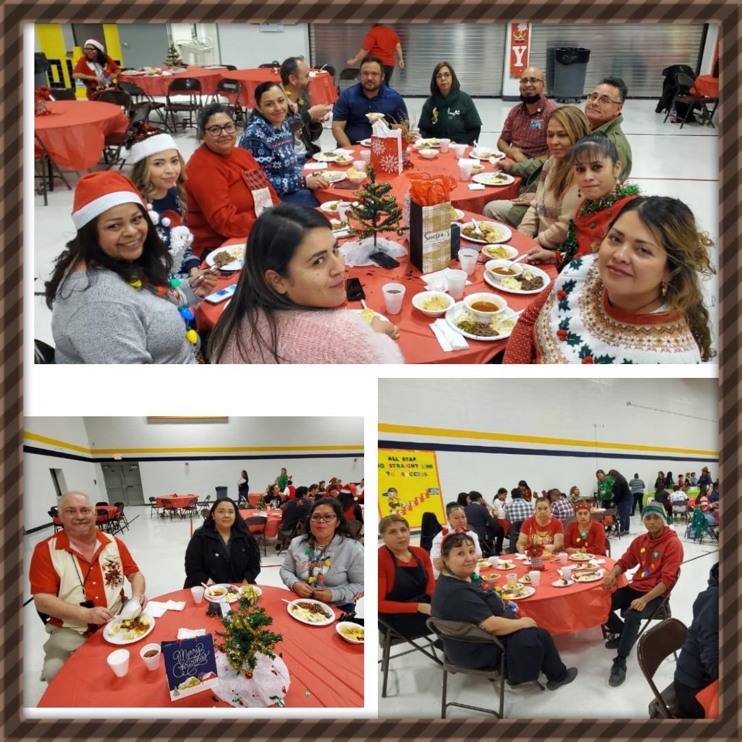 Guillen_Middle's tweet photo. Beautiful luncheon for the DW family today. We had great food, laughs, gift exchange, ugly sweater contest and plain fun! A FAMILY that eats together,  STAYS TOGETHER! 💗 #TeamSISD #ColtNation #NoStraightLineToSuccess https://t.co/VGdcckEuuh