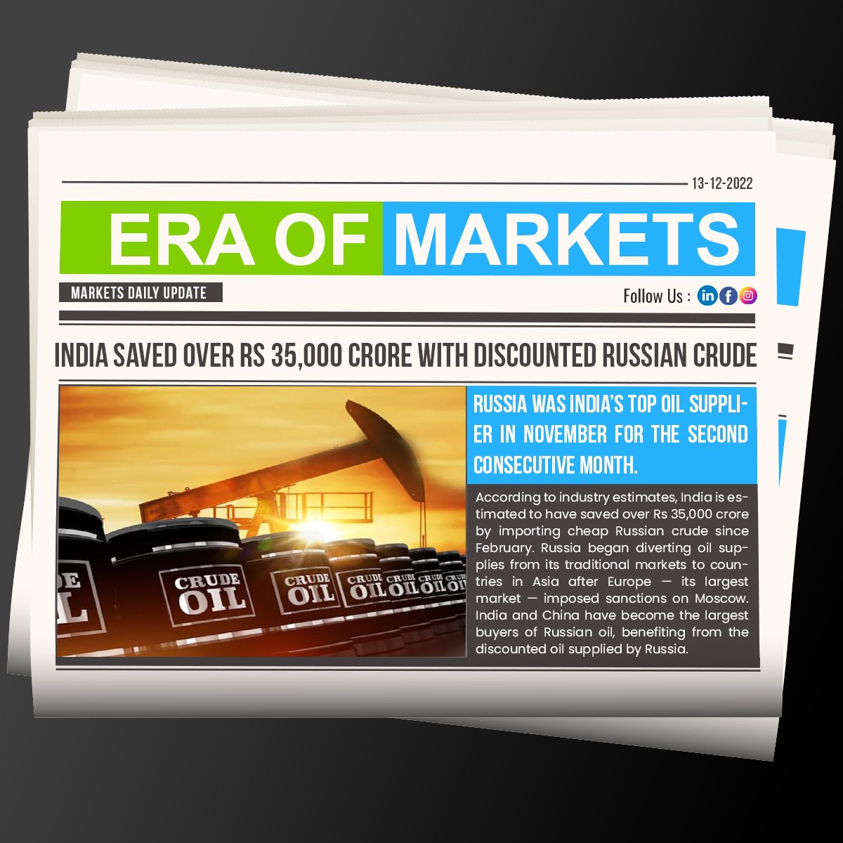 markets_era's tweet photo. INDIA SAVED OVER RS 35,000 CRORE WITH DISCOUNTED RUSSIAN CRUDE

To Know More About Stock Market Log On To https://t.co/juS7NBQaLK or Call Us On +91-7300003731

#crudeoil #crude #investment #earnmoney #earning #getrich #trading #marketsers https://t.co/8w87GOpVRV