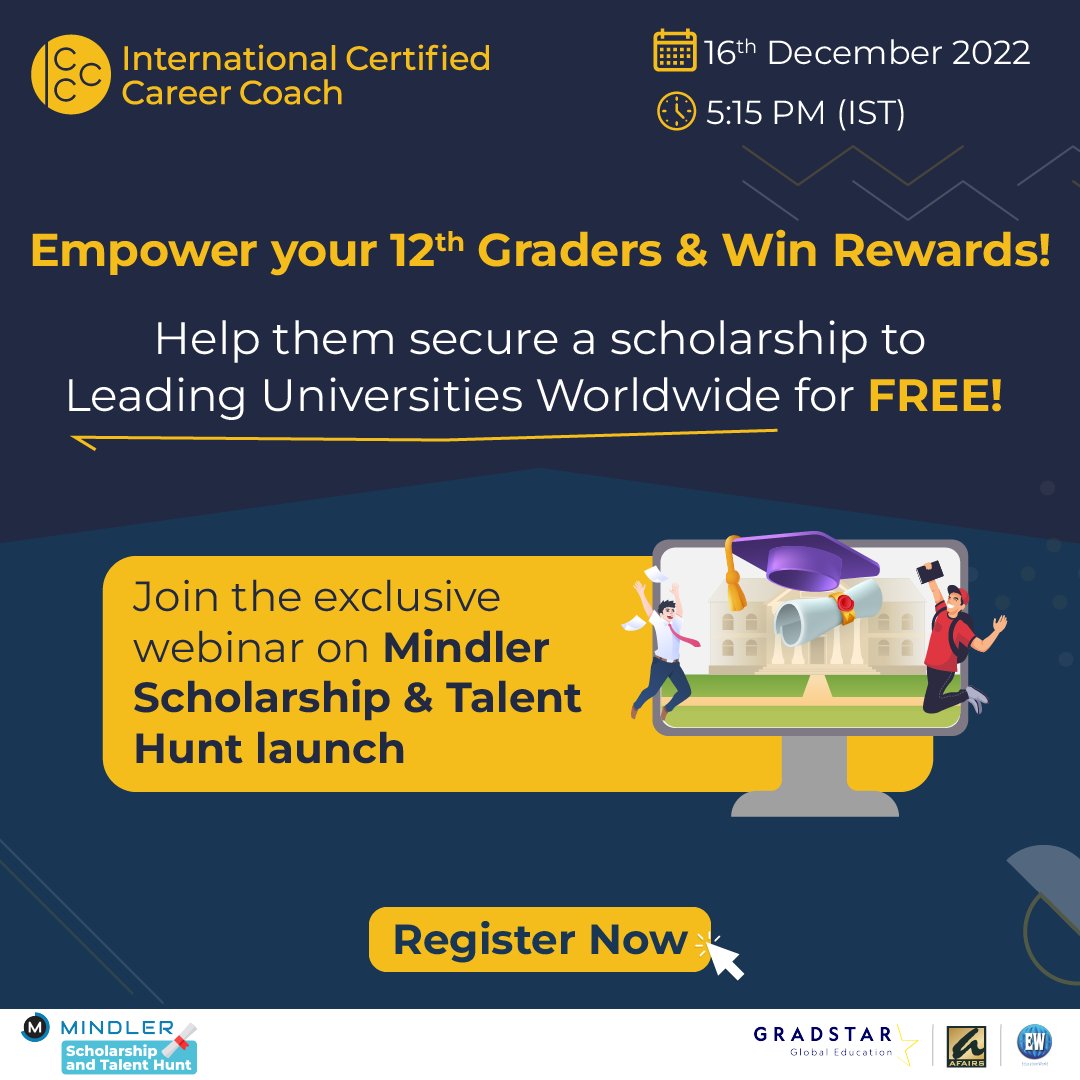 Do you have talented 12th Grade students in your network seeking scholarships for higher education? The Mindler Scholarship and Talent Hunt is all they are looking for! Join a webinar to discover how you can leverage it to help them achieve it. Link: bit.ly/3W21gnd