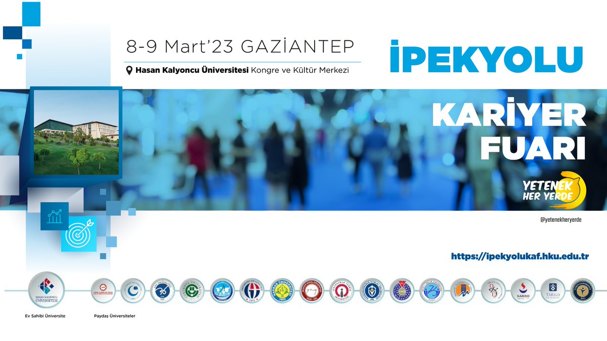 T.C. Cumhurbaşkanlığı @tccbiko tarafından koordine edilen ve Hasan Kalyoncu Üniversitesi'nin ev sahipliğini üstleneceği, ''İpekyolu Kariyer Fuarı''
🗓️8-9 Mart 2023 tarihlerinde
📍HKÜ Kongre ve Kültür Merkezi'nde yapılacaktır.

👉Detaylı bilgi: ipekyolukaf.hku.edu.tr