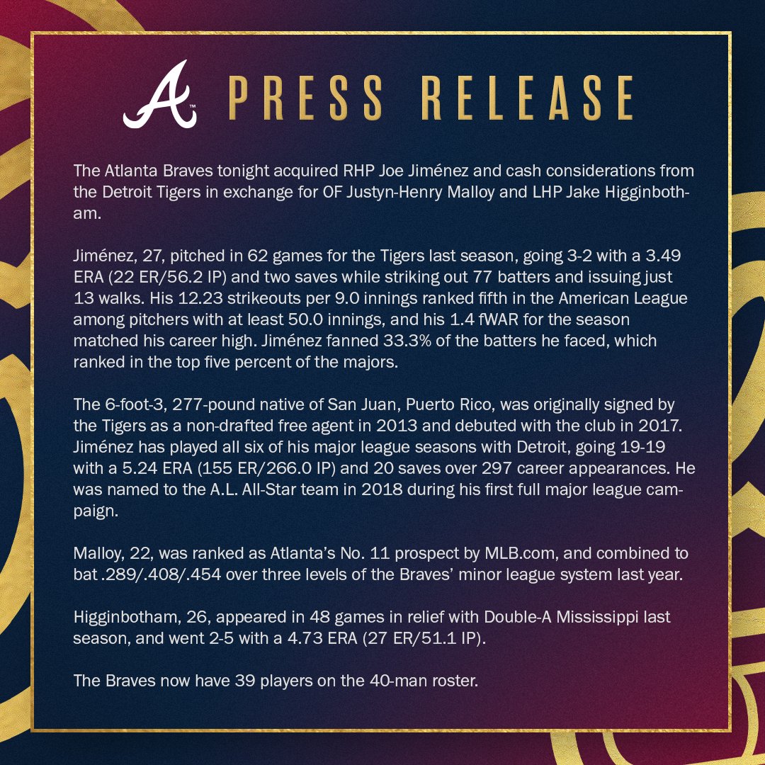 #Braves acquire RHP Joe Jiménez: