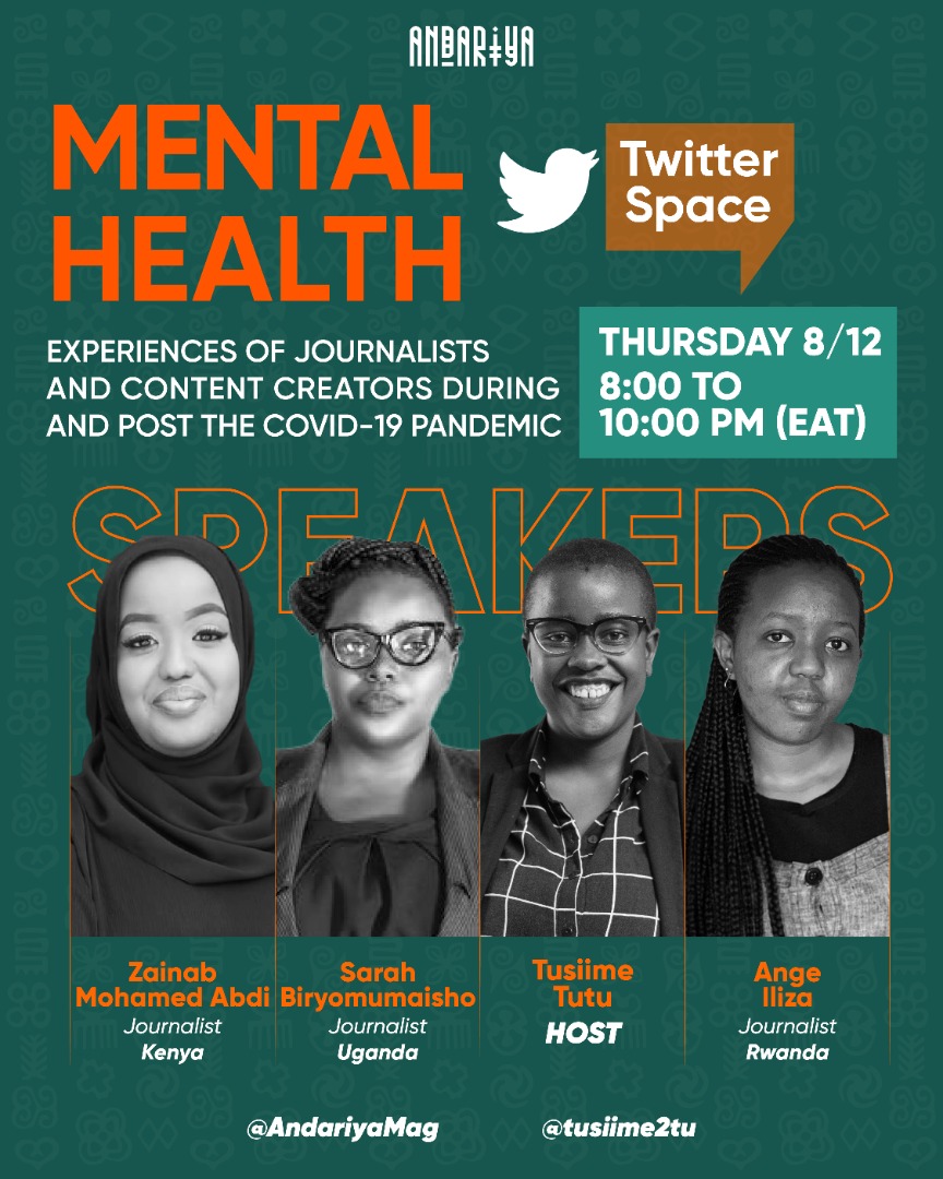 tusiime2tu's tweet photo. 📣Today, from 20:00 to 22:00, Let's Talk!
Journalists and content creators during and post the COVID-19 pandemic were tasked to keep us all connected, yet all the while experiencing personal and proffessional mental health realities. Today, post the pandemic, that task persists. https://t.co/WwgroQjuaw