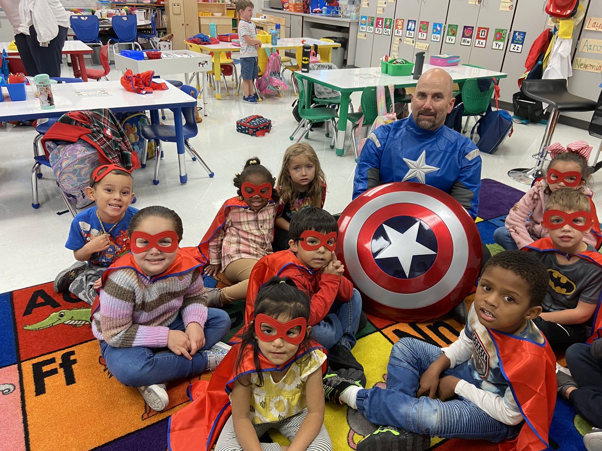 Captain America joined us for our Schoolwide celebration-Superhero day!  Thank you, Mr. Berger, PISD superintendent, for showing up. #CJHARRIS_STARS #BuildPearlandISDstrong