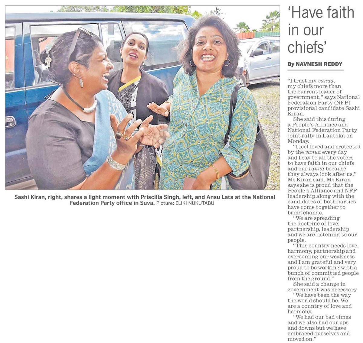 SashiKiranMP's tweet photo. "I feel loved and protected by the vanua every day and I say to all the voters to have faith in our chiefs and our vanua because they always look after us.” In @fijitimes today. #Together4FijisFuture #Vote207 https://t.co/U10FMwqR0w