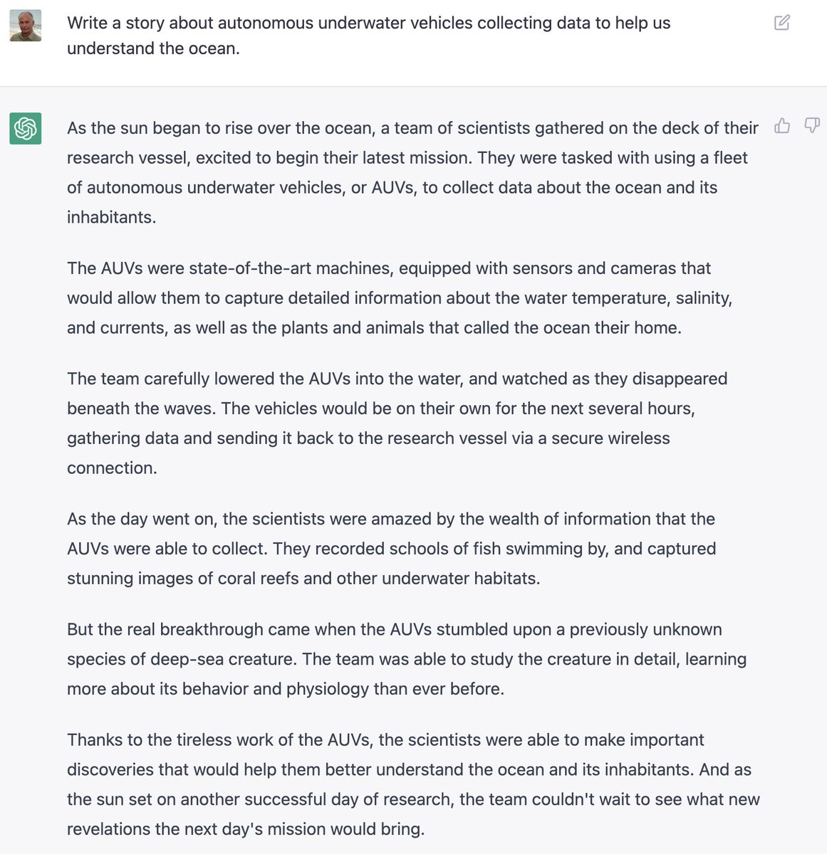 MBARIMike's tweet photo. It wasn’t able to write data processing software (my job is safe!), but it did write this sweet little story. https://t.co/p7wOXXTcxl