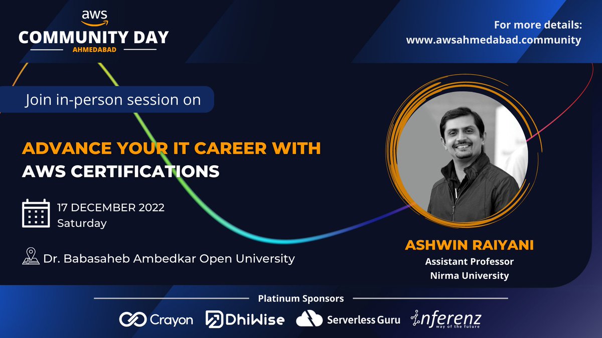 awsugahm's tweet photo. We are delighted to announce such a talented speaker🎤@RaiyaniAshwin who would be providing a session on "Advance your IT career with AWS Certifications" at #ACDAHM2022🎉
🚀Watch and network with our brilliant speaker in-person !
#awscertified #awsugahmedabad #awscommunitydays https://t.co/DcpnTLbPf9