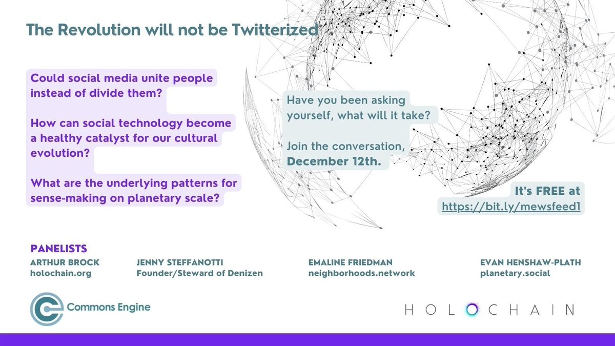 What's next #BeyondTwitter ?

Could social media unite people, instead of divide?

How can social tech be a healthy catalyst for cultural evolution?

How can we do #SenseMaking on all scales? Even on global scale.

[ Join a Zoom panel Dec 12, 2pm Pacific ]
bit.ly/mewsfeed1
