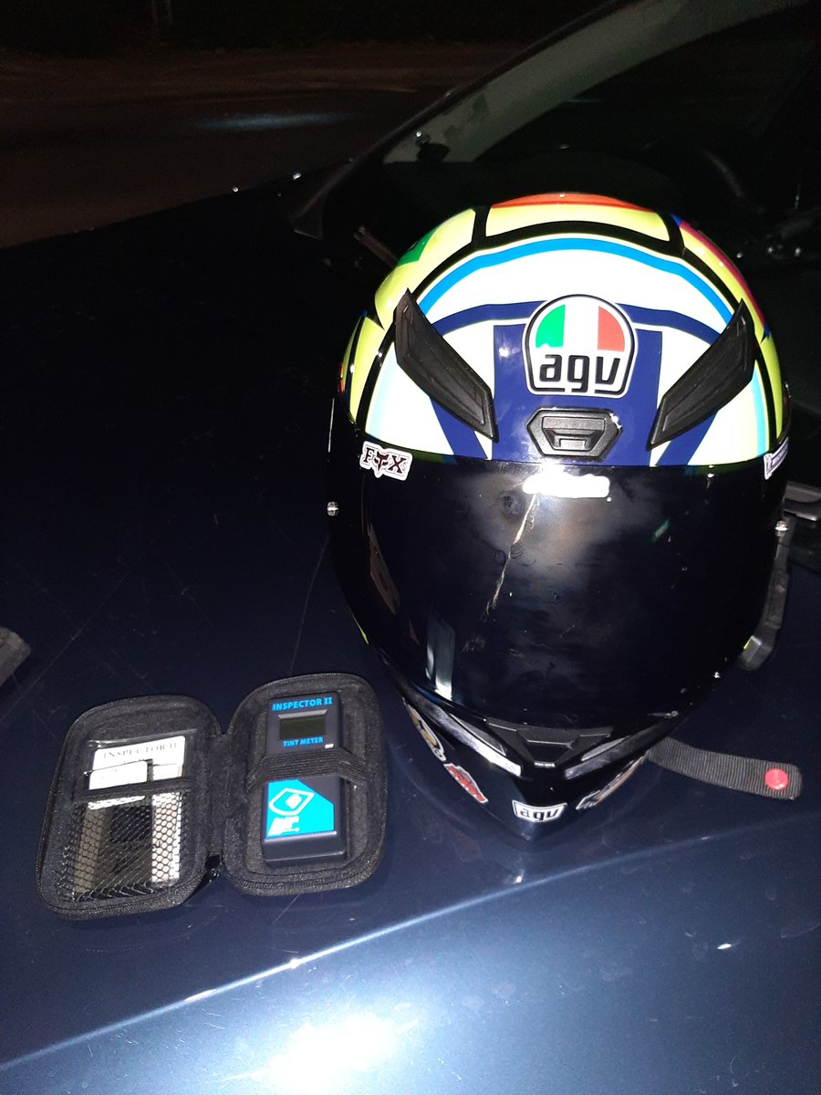 tvprp's tweet image. #XRT62 #TTCShift #P431 #P1226
Motorcycle rider stopped in #Slough at approximately 10:45pm for having a tinted visor. Law states the tint must allow a light transmission of 50 per cent.  This visor allowed 11 percent light transmission. Rider reported. 
#itsnotworththerisk