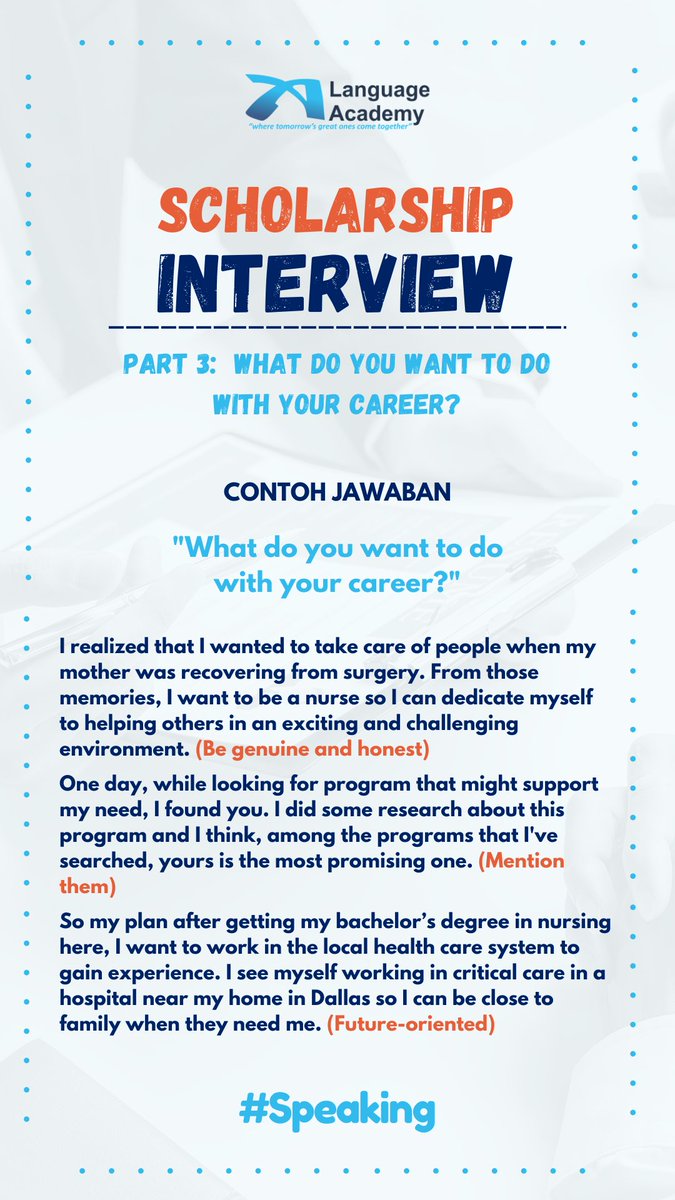 LAofficial_twt's tweet photo. Tips menjawab pertanyaan saat interview beasiswa (scholarship interview) bahasa inggris!!!
Part 3: "What do you want to do with your career?"

#TipsbyLA #InterviewTips https://t.co/kNnA3KjdHo