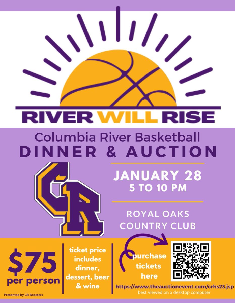WHAT: CRHS Basketball Dinner &amp; Auction
DATE: January 28, 2023
TIME: 5:00pm - 10:00pm
WHERE: Royal Oaks Country Club
COST: $75 per person or $1500 table of ten
Includes dinner, dessert, beer, &amp; wine.
PURCHASE TICKETS HERE:
theauctionevent.com/crhs23.jsp
🏀"Sponsored by CR Boosters"🏀
