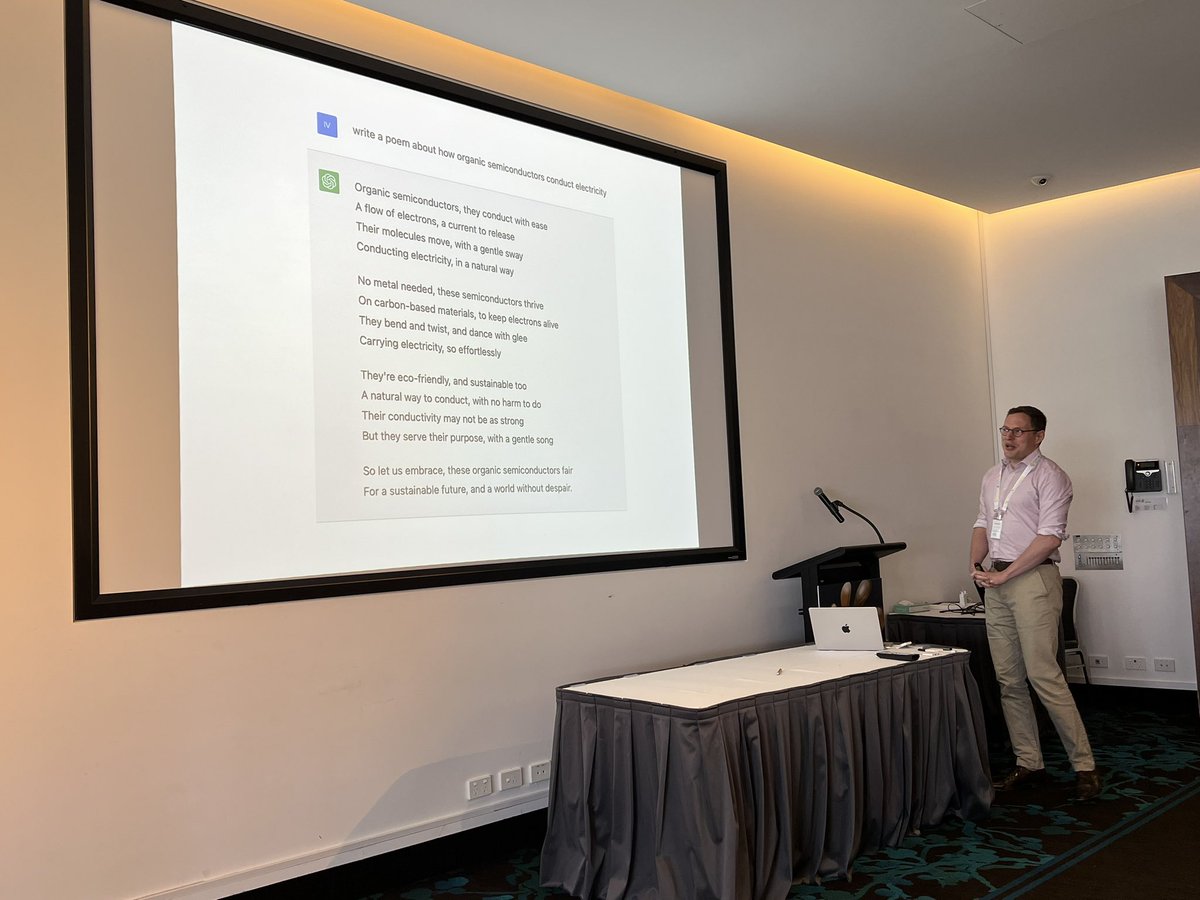 schmidtim's tweet photo. Amazing poem about conducting polymers written by AI, curated by @IvanKassal #AUCAOS2022 https://t.co/WjzWF04uxt