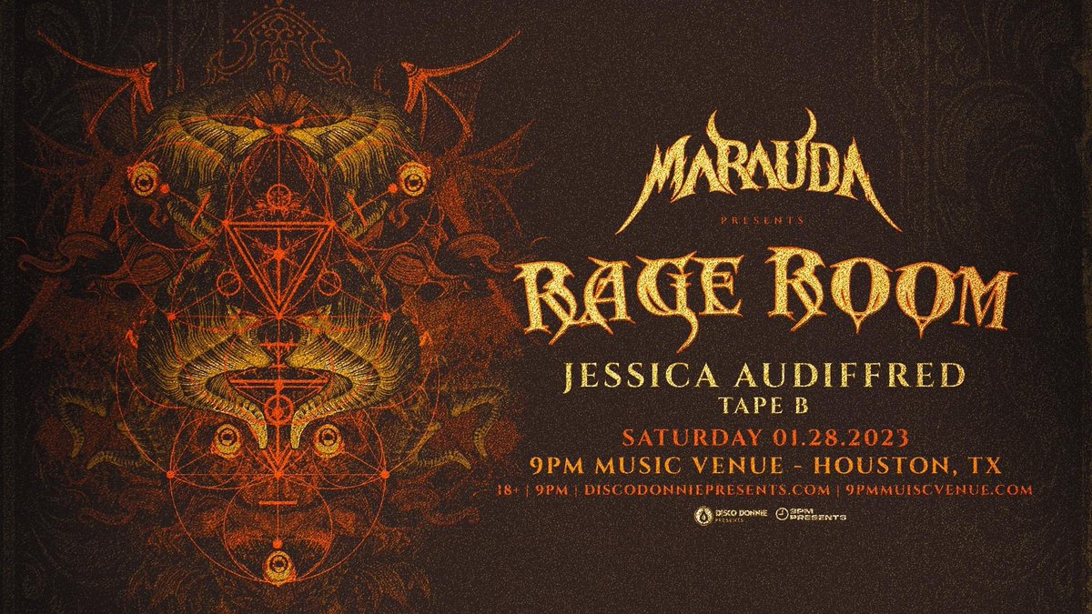TexasEDMFamily's tweet photo. Houston RT/Like &amp; Tag a friend for a chance to win 2 tickets to @maraudamusic Presents #RageRoom w/@JessicaAudifred &amp; @Tapebbeats! 

👿 Must follow 
@9pmPresents 
@TexasEDMFamily 
🔊 Ends 1/27

Tickets &amp; Info: https://t.co/7iI7RvkLg7 https://t.co/VMvwVUnwpI