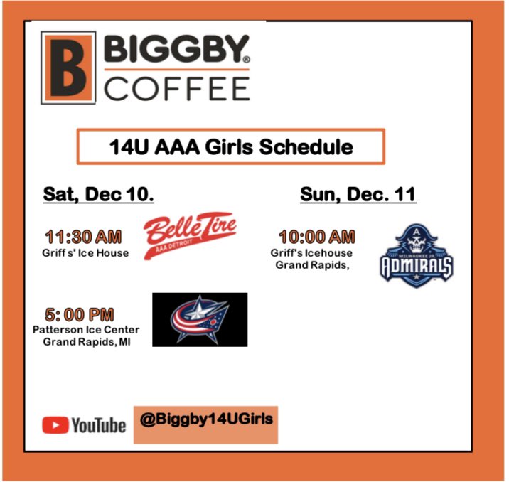 Another tournament weekend coming around! This time in Grand Rapids. Let’s go Biggby 14U girls! Fire Up! #rollbeans. #biggbyaaahockey
