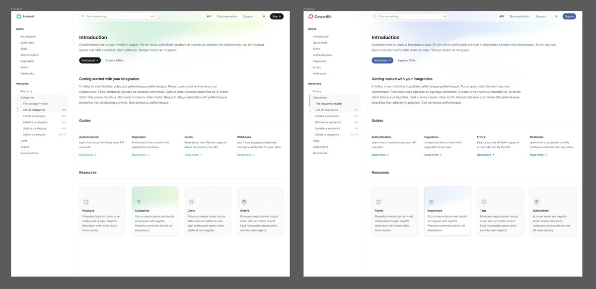 adamwathan's tweet image. Playing with a new template we&apos;ve been working on and making sure it still works well when adapting it to another brand 🫣

We probably work *too* hard on these things but honestly that&apos;s what makes it fun 🥰
