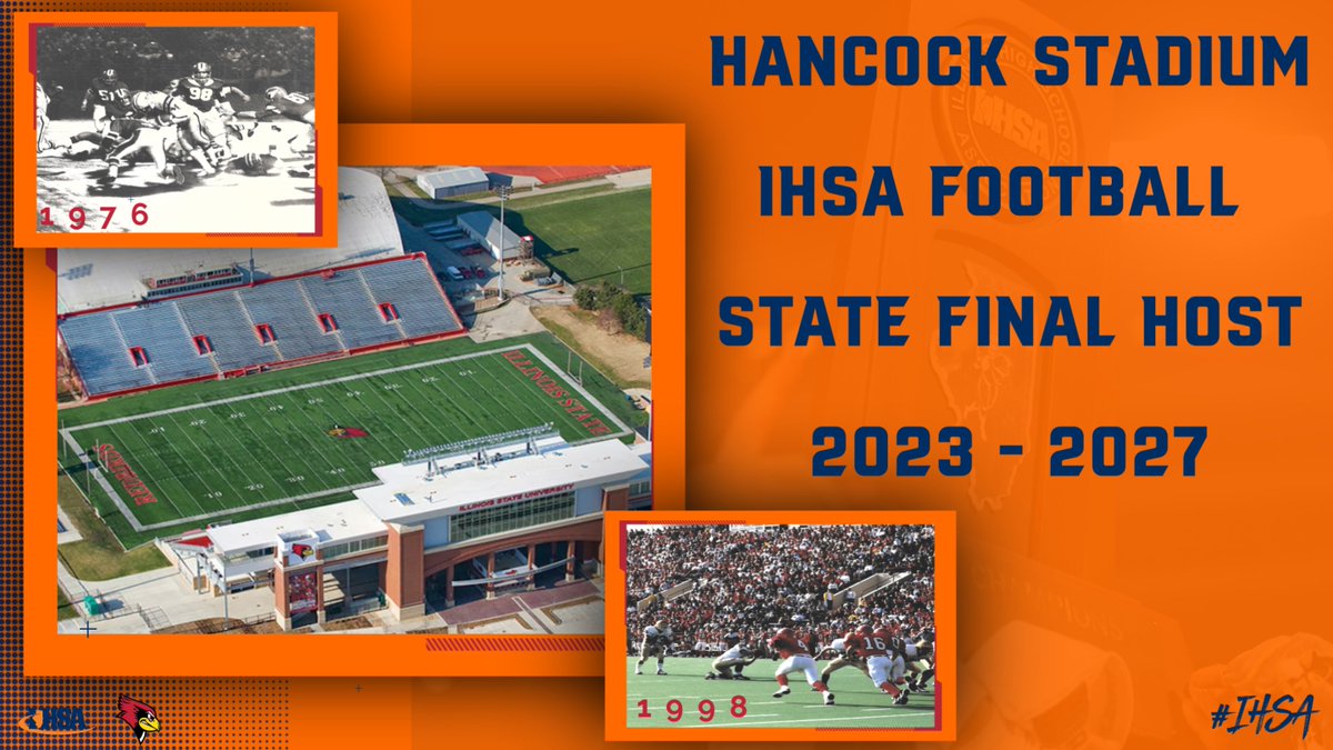 🏟️🏈🏆 The #IHSA Board of Directors has selected Illinois State University's Hancock Stadium to host <a href="/IHSAState/">IHSA State</a> Football from 2⃣0⃣2⃣3⃣ to 2⃣0⃣2⃣7⃣. The bid is in partnership with <a href="/VisitBN/">Visit BN</a>.

Hancock hosted the 1st State Finals in 1⃣9⃣7⃣4⃣.

🔗Full Release➡ihsa.org/News-Media/Ann…