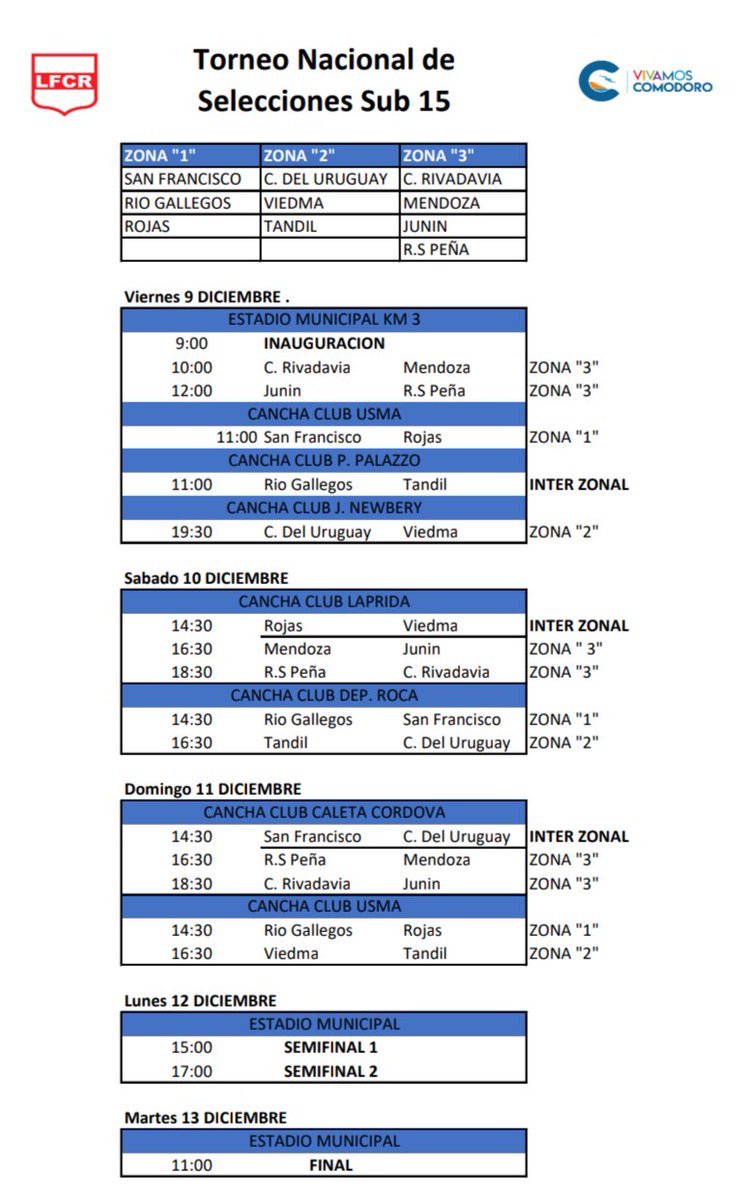 A pocas horas de iniciar su viaje hacia C. Rivadavia (hoy a las 22 hs.), dónde se jugará el Torneo Nacional de Selecciones Sub 15, se conoció el fixture completo del torneo. Aquí todo el detalle de todos los partidos que jugarán nuestros jugadores y el resto de las Selecciones.