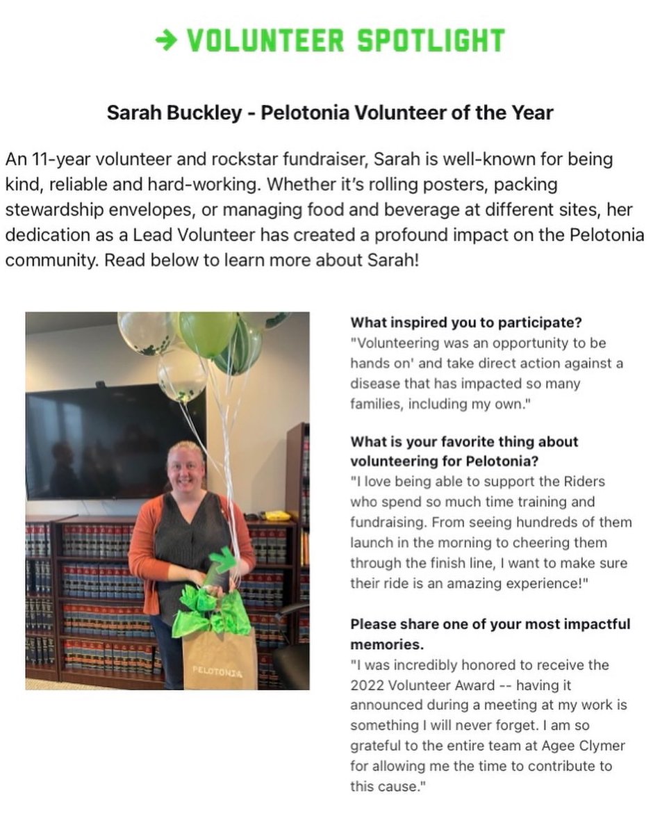 AgeeClymer's tweet photo. This month at AgeeClymer we want to recognize attorney Sarah Buckley for her dedication with this years Pelotonia. 

Sarah has been selected as Pelotonia’s Volunteer of the Year! Thank You for all of your hard work! https://t.co/Gic5ptLEWI