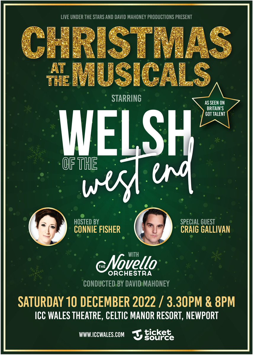 THIS SATURDAY!!!! Join us for a fabulously festive concert <a href="/ICCWales/">ICCWales</a> full of amazing songs and brilliant singers, accompanied by <a href="/NovelloOrch/">The Novello Orchestra</a> 

<a href="/WelshWestEnd/">Welsh of the West End</a> <a href="/LiveUnderTheSt1/">Live Under The Stars</a> <a href="/TheCelticManor/">Celtic Manor Resort</a> <a href="/CraigGallivan/">Craig Gallivan</a> <a href="/Conniefisher1/">Connie Fisher</a>