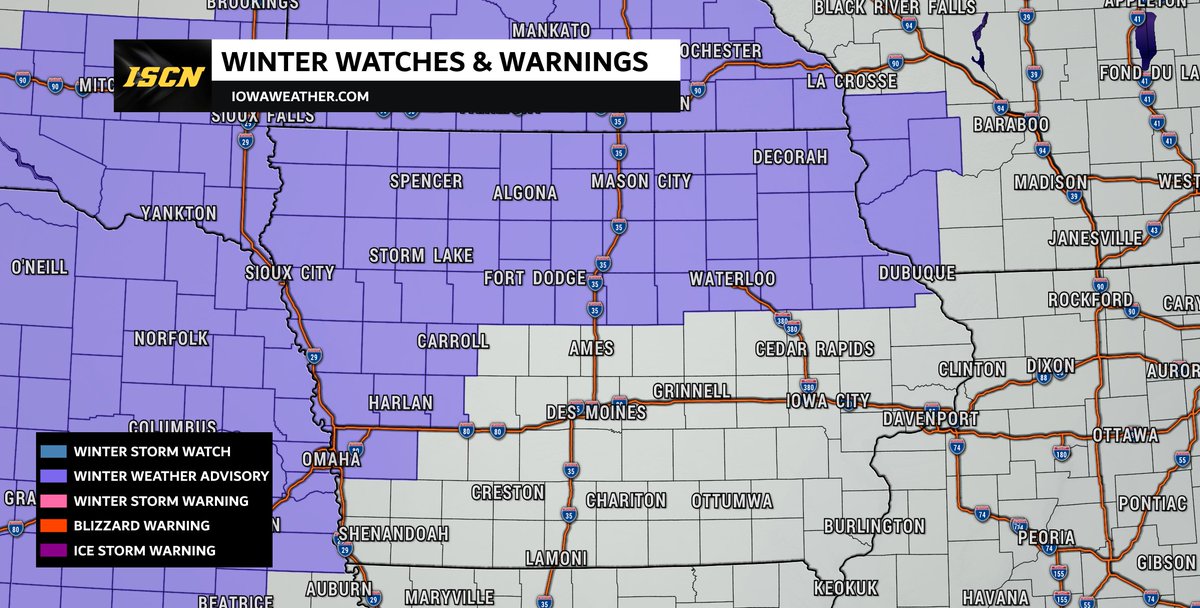 IAStormChasing's tweet photo. A winter weather advisory will be in effect Thursday afternoon through Friday morning as 1 to 4 inches of snow and light ice will be possible. #IAwx 

Read the latest: https://t.co/DXfQN28wgj https://t.co/2ADefUzpCU